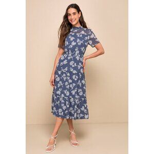 Lulus Floral Dressed Up Dusty Blue Floral Print Midi Dress - Size S